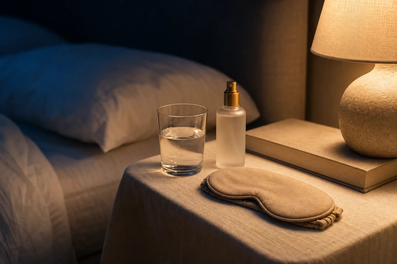 A bedside table at night with a soft lamp glow, a glass of water and folded linen